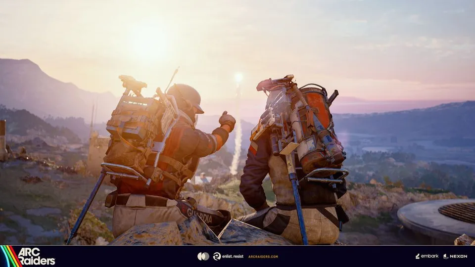 Two Raiders watching a signal flare rise over the Rust Belt in ARC Raiders
