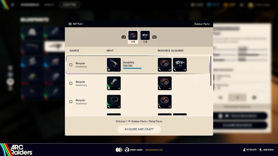 A Raider sorting crafting materials at a workbench in ARC Raiders
