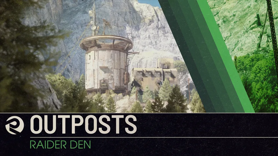 An Outpost structure built into a green mountain cliff in ARC Raiders