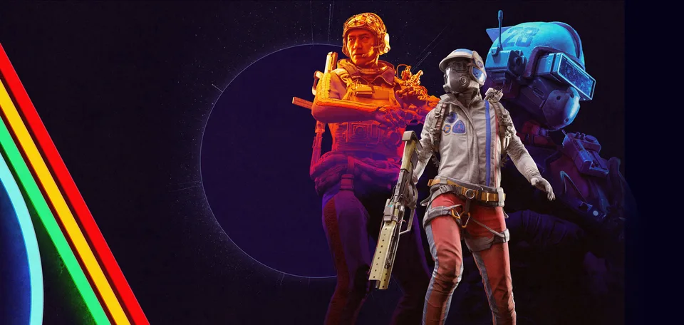 Three ARC Raiders characters standing in front of a dark starfield with neon stripes